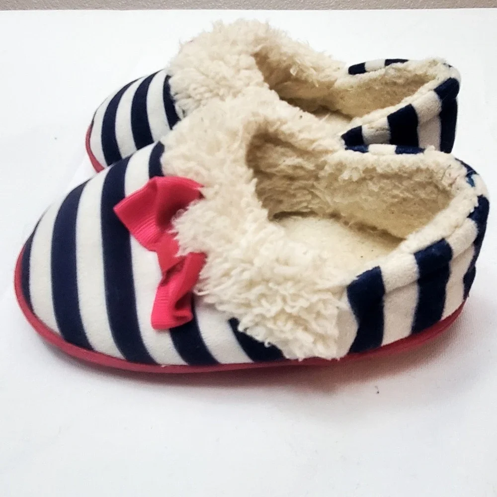 Girl Slippers ♡ Toddler Shoes ♡ Navy Blue & White Stripes W/Pink Bows ♡ Size 7/8